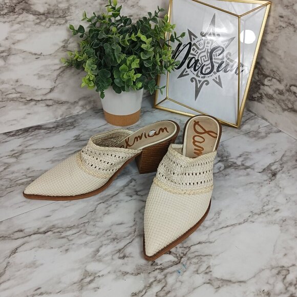 SAM EDELMAN Lillianna Slip-On Leather Heel Mules Ivory Pointed Toe women's sz.8 - Picture 2 of 11